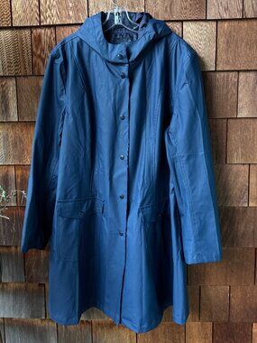 ASOS Curve Navy Coated Snap Front Hooded Raincoat in Women's 16